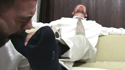 Perverted Jackson jerks his prick while gets his feet licked