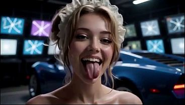 Beautiful woman with huge breast working at shop sport car, Ai animation