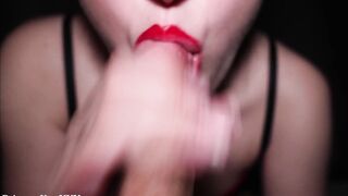 Slow and passionate blowjob. Cute Brunette with red lips.