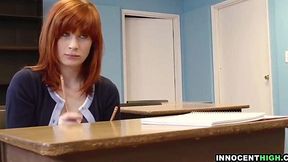 Redhead coed gets dirty in uniform: hairy pussy deepthroats big cock