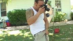 The photographer and his pall double penetrated a cute thin model outside