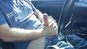 Hung jock jerks off slaps thick penis in car in public parking lot