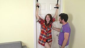 Adeline Crazy Revealing Session * Tied To The Door, While Her Button Shirt Exposed her Topless Body * - clip is 09:43 min long