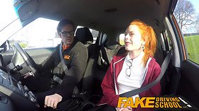 Ella Hughes, the cute redhead, fucks and eats instructor's cum in fake driving school