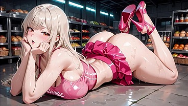 Horny Blonde Sweetie in Grocery Store – Pink Latex Mini Skirt Pulled Up