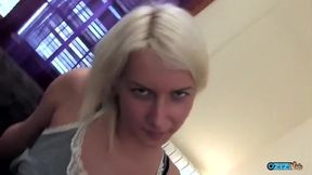 Busty babe plays with her clit while riding a cock