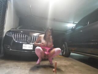 Sissy whore anal masturbing in the garage