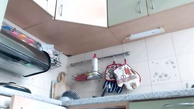 Naughty stud uses vegetables to masturbate while cooking in the kitchen