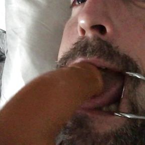 Hands free cum from estim while gagged and sucking cum soaked dildo