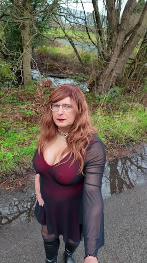 Sexy Crossdresser kellycd2022 in black pantyhose and boots out for an afternoon drive