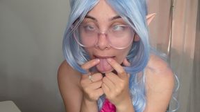 Elf girl in cosplay costume hiccuping and masturbating until orgasm