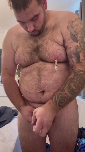 Heavy Cock Bondage with Nipple Clamps