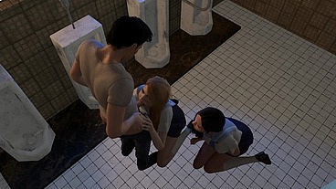 Two Girls Stalk a Guy in the Bathroom for a Threesome
