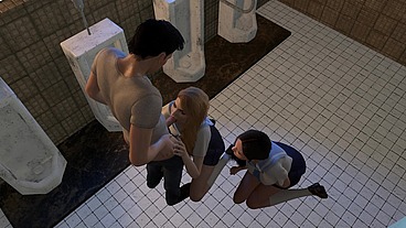 Two Girls Stalk a Guy in the Bathroom for a Threesome