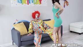Horny clown Quinton James offers hard cock for a ride with hottie milf Alana Cru