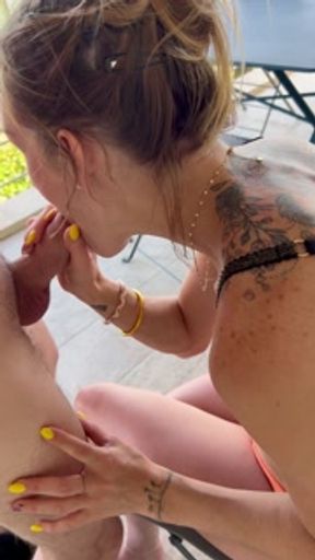 I fill her mouth with cum on the balcony while the workers are working below