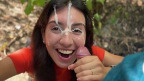 Skinny teen went to bushes with a guy she just met to blow him, and got a huge facial POV