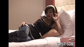 Appetizing brunette asian sweetie Aubrey enjoys python