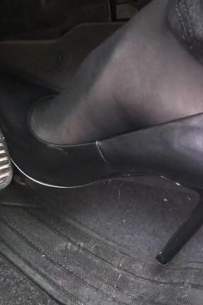 Revving and Driving in Black Pantyhose and Grey High Heels