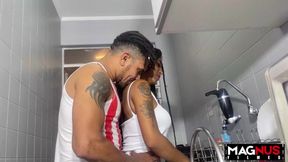 French babe's big ass gets fucked hard in the kitchen