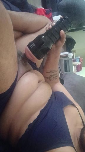 Jerking off with my flashlight dressed in a bra and panties
