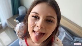 Morning Sex ended with a massive cumshot splatter on her innocent Pretty face. Authentic sextape