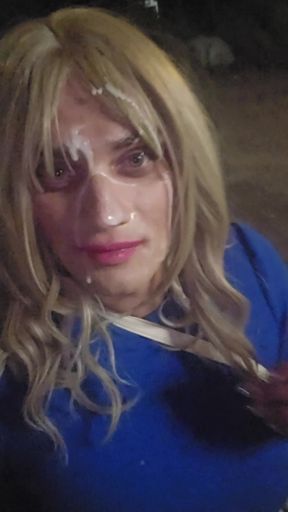 Sissy has to walk home with a huge load of cum of her face, humiliating cumwalk