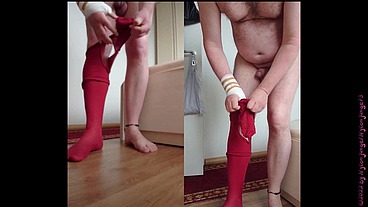 Nylongeil in roter Feinstrumpfhose