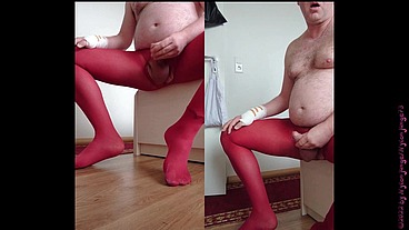 Nylongeil in roter Feinstrumpfhose