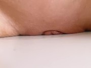 Pussy grinding against the table corner. This sweet pressure made her cum!
