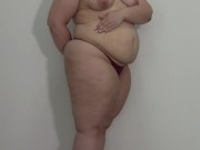 BBW shakes stuffed belly and big ass in panties. Fetish.