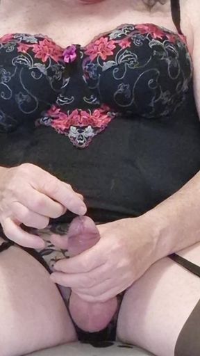 Black Embroidered Basque &amp; Dark Coffee Stockings Cum Shot