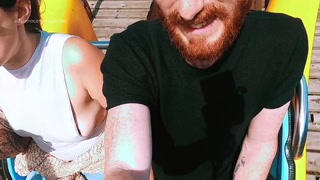 Riding rollercoaster at funfair nip slip, accidental public flash. Tit nipple slip