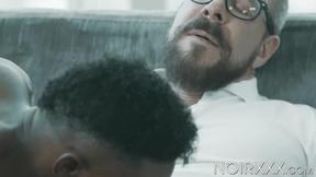 ”Curly Liam Cybers rock hard black abdomen gets pigmented by my oozing white cum”