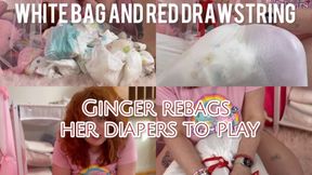 White bag and red drawstring - Ginger plays with diaper garbage 4K MP4