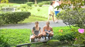 Passionate Lesbians Kiss & Flash Seductively Outside Ancient Temple