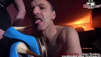 Shoe fetishist fucks hot blonde and then squirts on the high heels