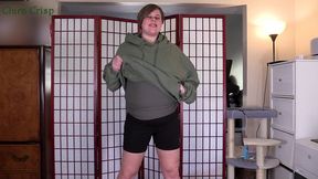 chubby milf stripping out of hoodie and bike shorts to play with pussy - fingering hairy cunt to orgasm - clara crisp teases and masturbates to orgasm