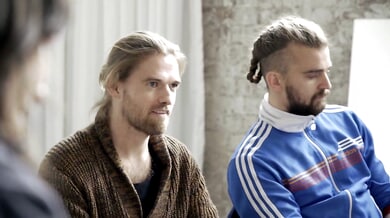Behind the scenes of a softcore gay yoga gang bang with five bearded men