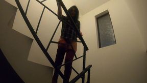 a shamefaced milfycalla peeing on the staircase