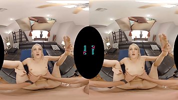 Febby Twigs is holding her legs spread wide open while getting fucked during a VR experience