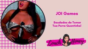Coach Honey, the camgirl with black hair, teaches JOI games and guides handjobs leading