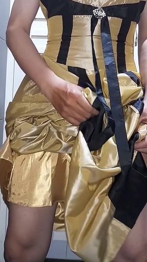 Gold Satin Silk Longdress Evening Gown Masturbation