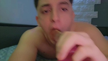 cute twink boy sucks his dildo and moans