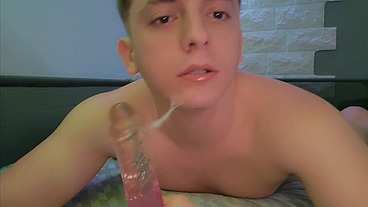 cute twink boy sucks his dildo and moans
