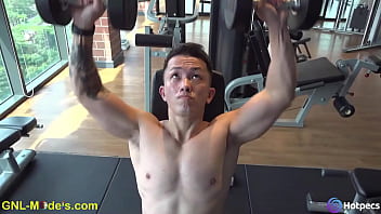 Handsome Asian guy getting ready in the gym for his nipple play session!