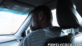 Bearded stepdad bare fucks his cute stepson on the backseat