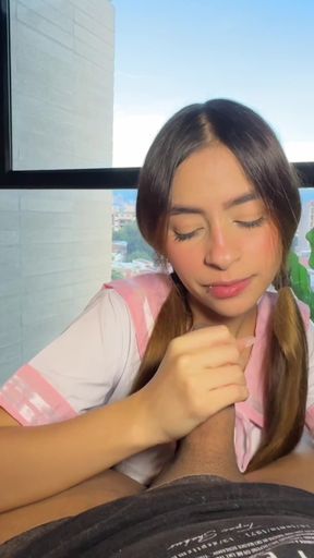 My neighbor enters my room without me noticing to give me a blowjob while wearing her uniform Part 2
