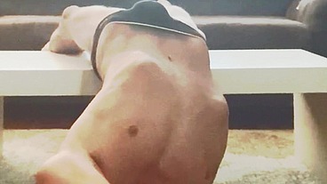 Retro September 6, 2021 Stretching in Tight Speedo Underwear Briefs on Table in Living Room