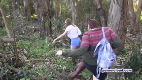 Outdoor lesbian licking.